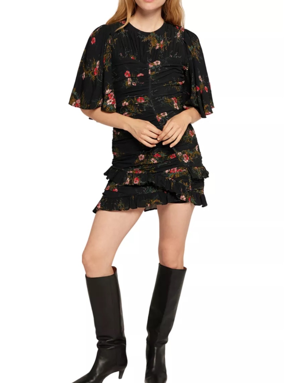 Joie Womens Size 8 Black Floral Ruched Ruffle Mini Dress Flutter Sleeve Sheath